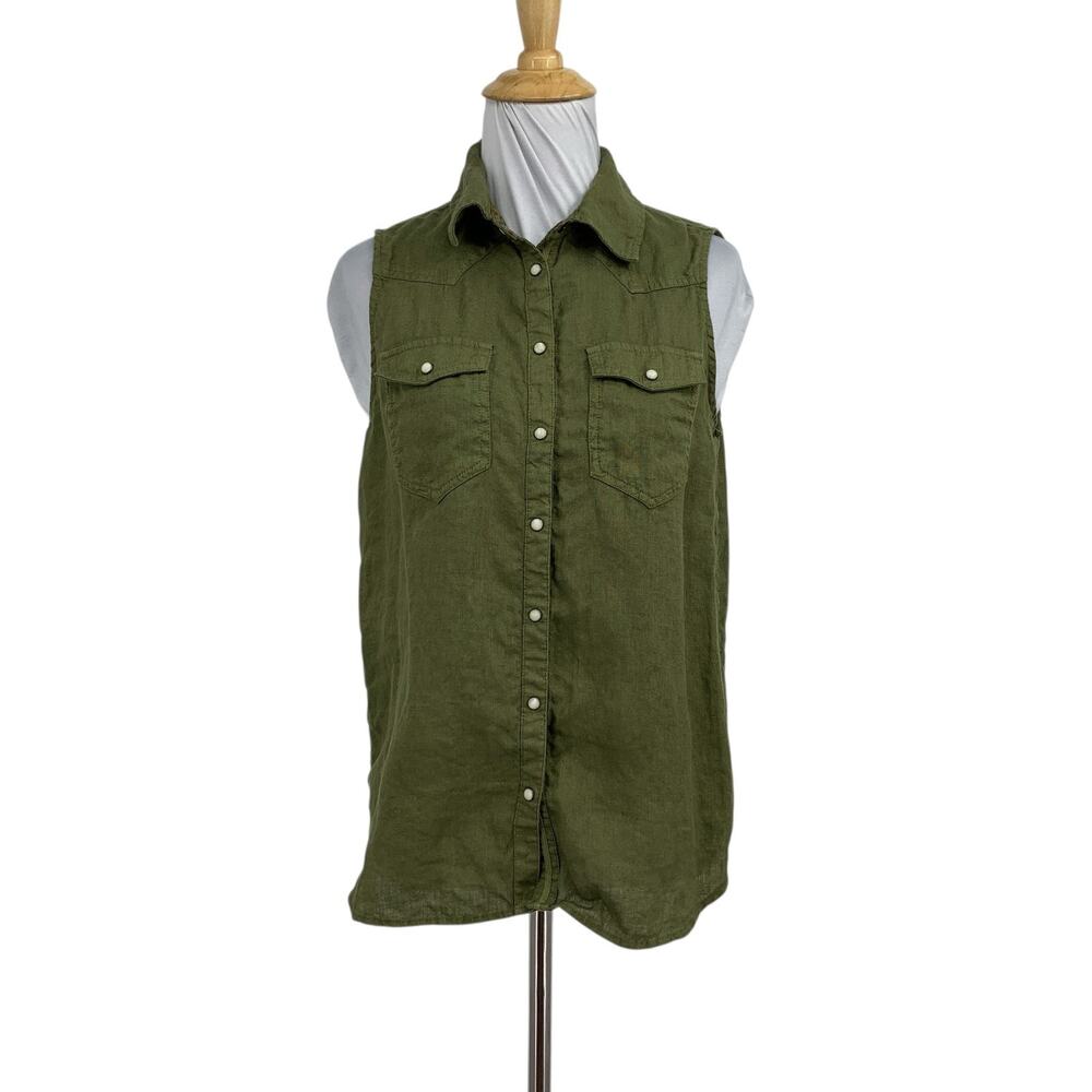 Sundance Shirt Women XS Extra Small Avocado Western Linen Pearl Snap Collar